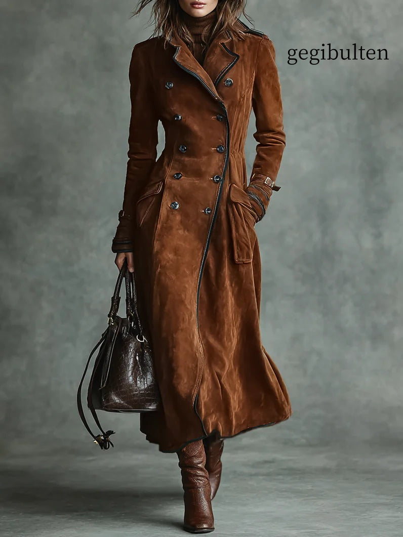 Double-breasted lapel long coat with suede and black trim