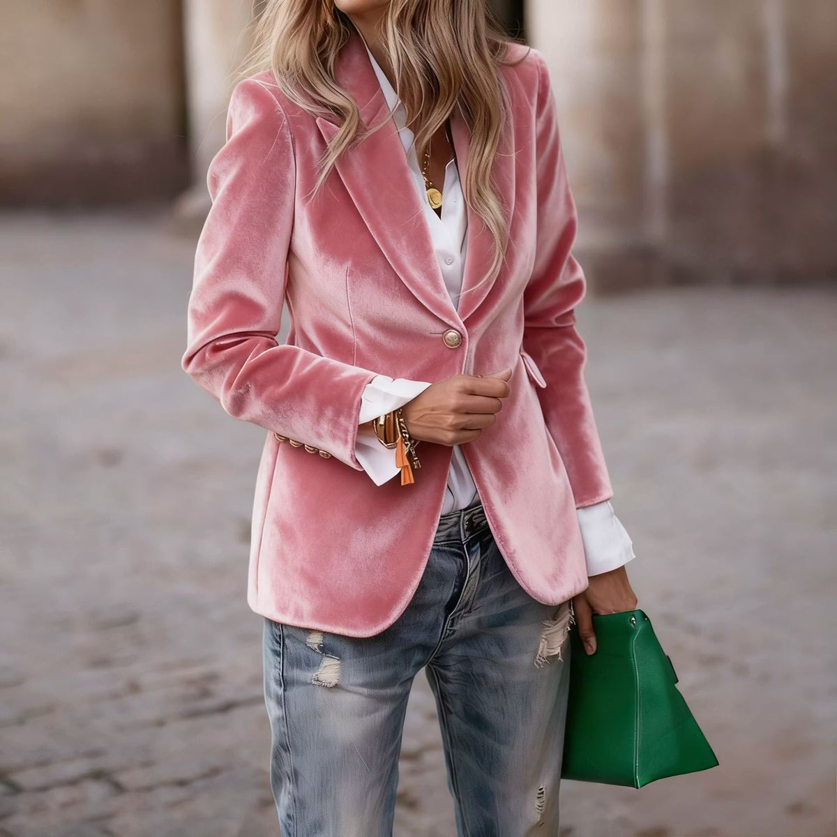 Elegant Velvet Slim-fit Faux Pocket Suit Jacket