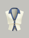 Denim Trim Metal Button Knit Vest