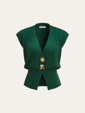 Metal Detail Cap Sleeve Ribbed Knit Vest