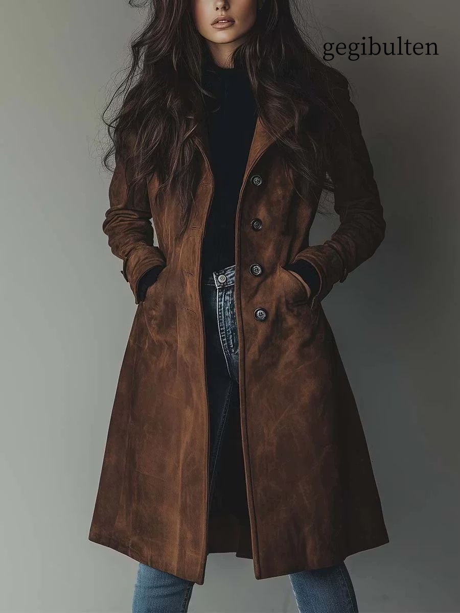 Vintage Suede Lapel Collar Mid-Length Coat Jacket
