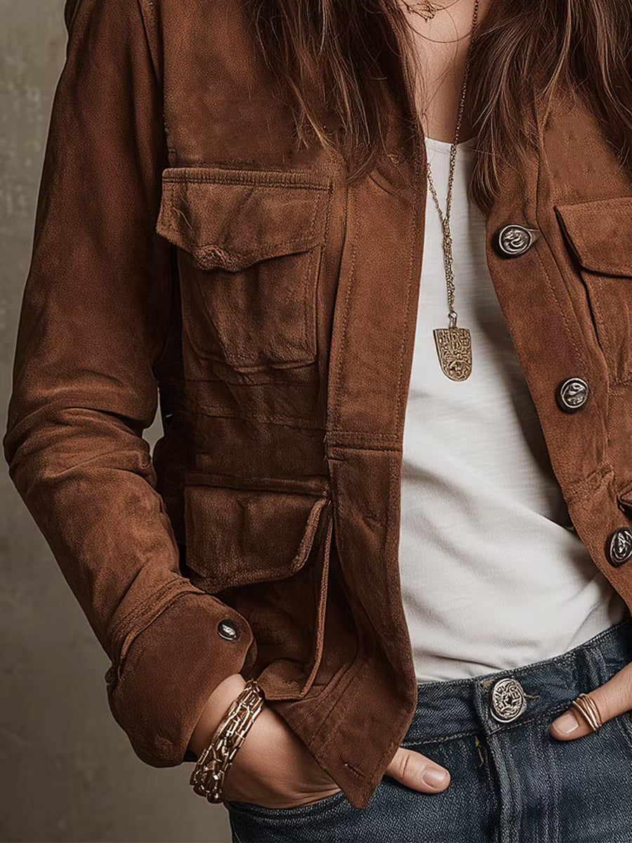 Vintage Brown Faux Suede Multi-Pocket Jacket