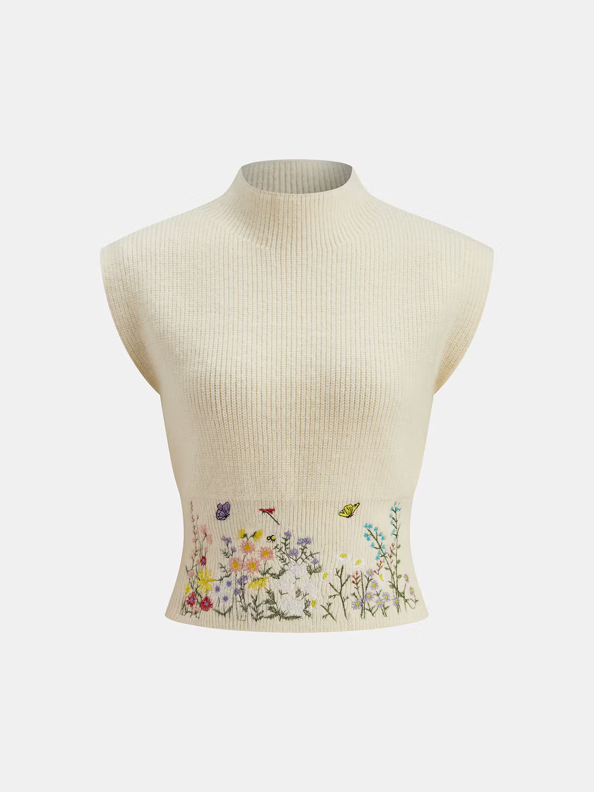 Stand Collar Embroidery Floral Sweater Vest